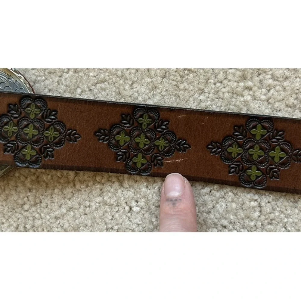 Tooled Leather Belt Butterfly Art Resin Buckle USA Bohemian L Psychedelic Pin Up